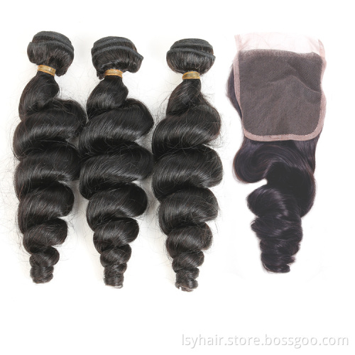 Free Shipping Brazilian Loose Wave Bundles With Closure 100% Remy Hair 3 Bundles With 4*4 Lace Closure Free Part